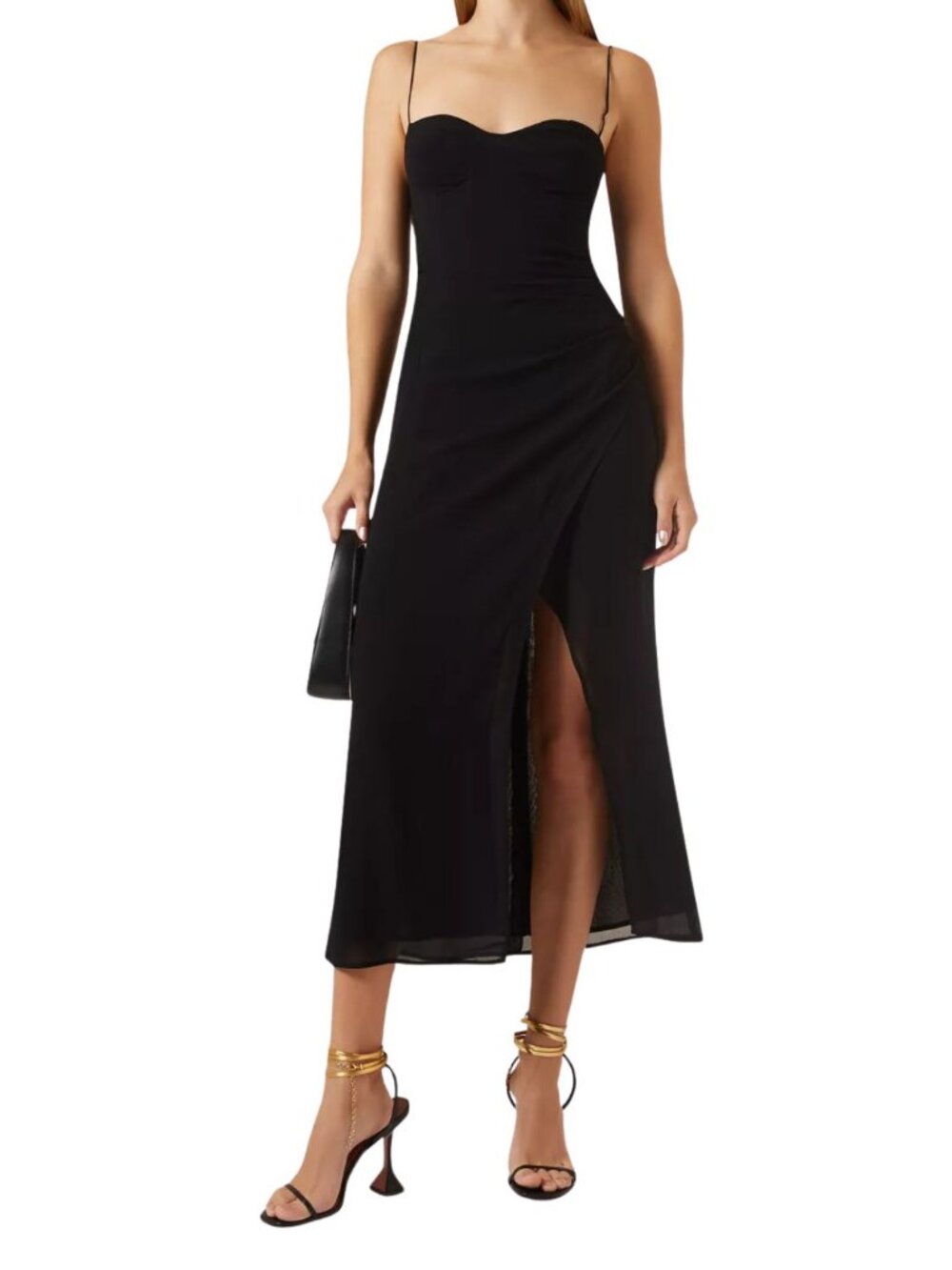 Reformation Kourtney Midi Dress Slit Black LBD Minimalist Formal 4